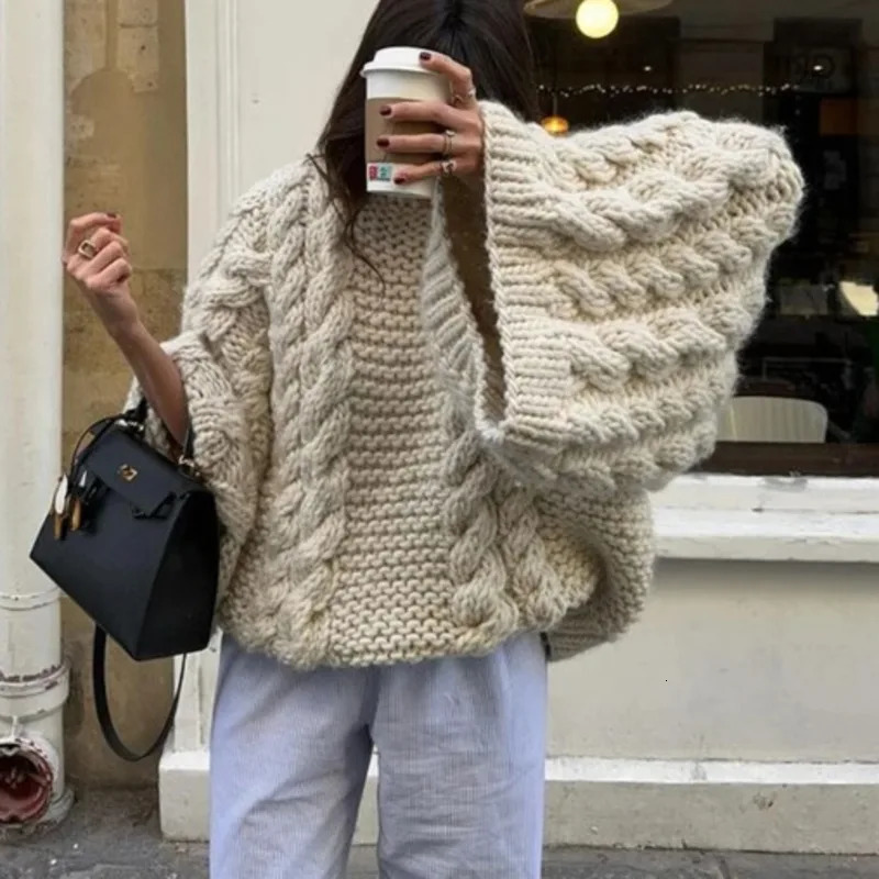 autumn and winter loose knitted sweater with floral pattern for womens casual lazy round neck solid sleeves women 241211