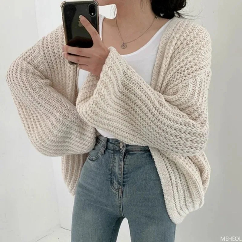 Casual Versatile Knit Cardigan Sweater Jacket Vneck Loose Streetwear Coat Top Vintage Y2K 241214