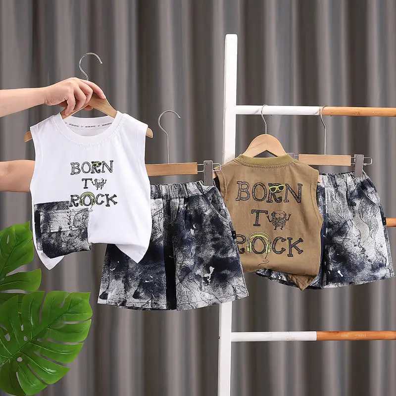 Clothing Sets New Summer Children Boys Girls Baby Fashion Infant Clothing Kids Cotton Cartoon Letter Vest Shorts 2pcs/Set Suit 0-5 Years H241214