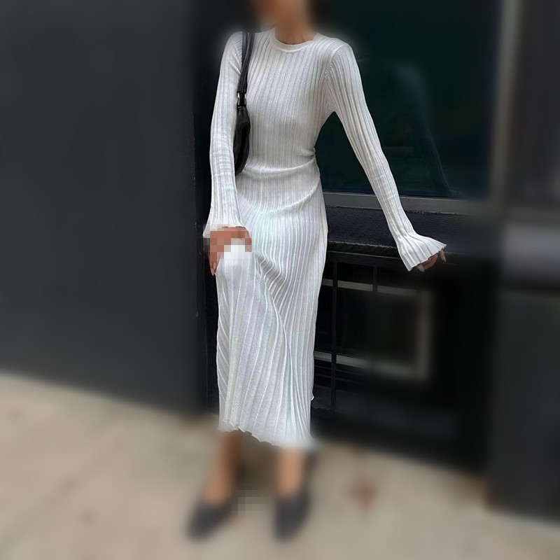 L240 Spring and summer new knitted dress casual waist V-neck ribbed slim knitted long skirt for women