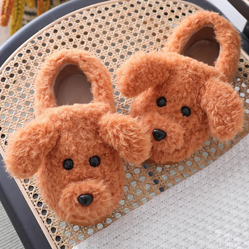 Comwarm Cute Dog Short Plush Slippers For Women Winter Warm Furry Cotton Shoes Couples Home Indoor Bedroom Cozy 241214