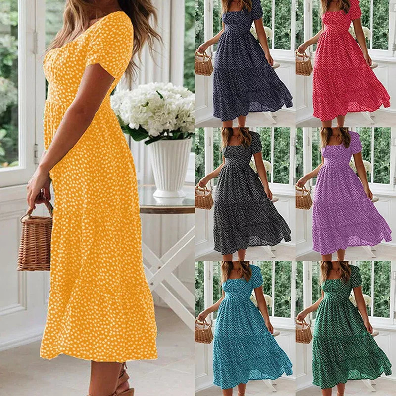 Elegant printed short sleeved dress for women with square neckline sexy casual midi vacation party night womens 241212