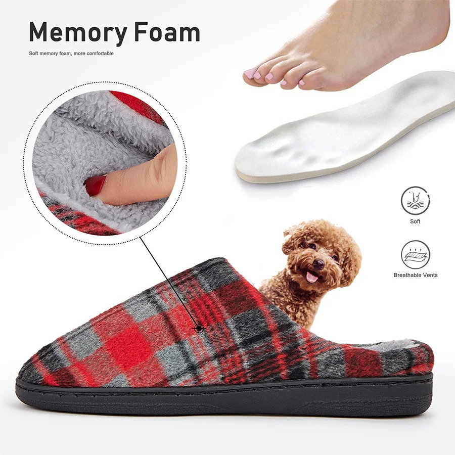 mens house slippers plaid furry comfy memory foam casual family shoes winter warm soft bedroom 241214
