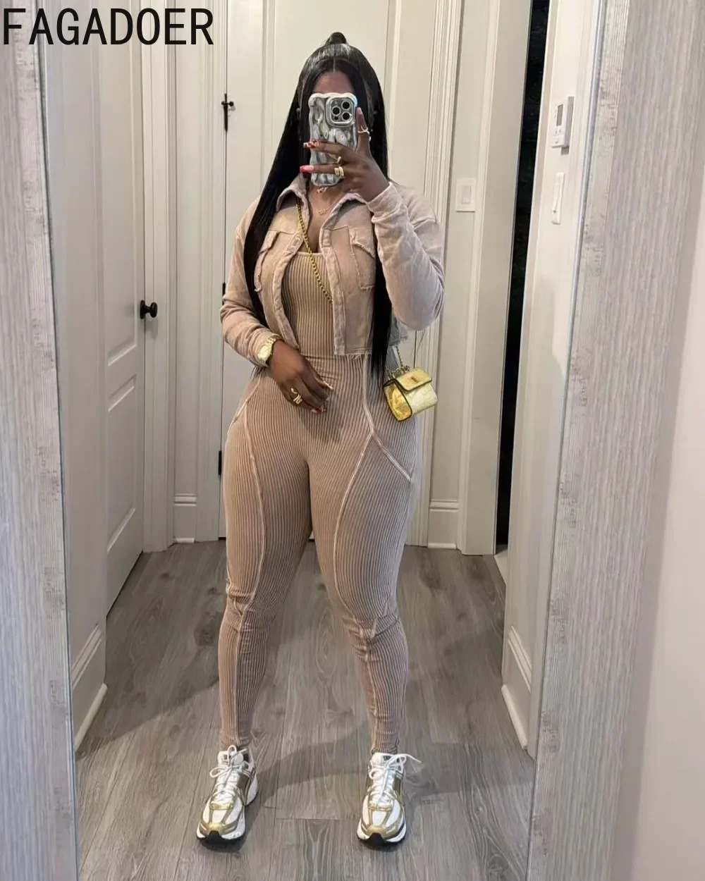 FAGADOER High Quality Rib Women 2 Piece Set Outfit Fashion Long Sleeve Crop Jacket Bodycon Jumpsuits Suits Clothing 2025 241209