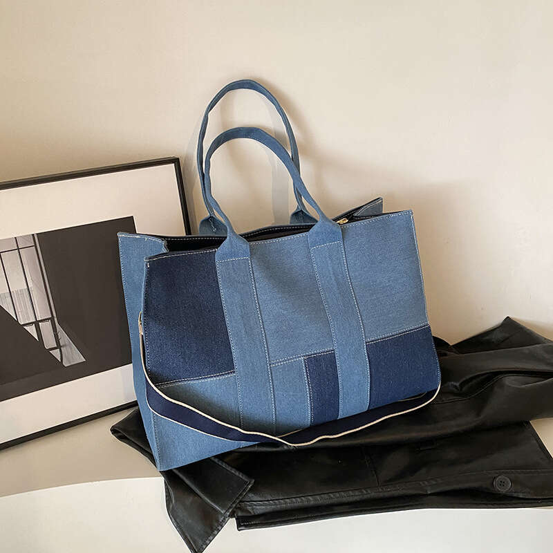 Leisure large capacity women canvas denim tote bag for class commuting single shoulder handbag 2024 new style chic and elegant clothing