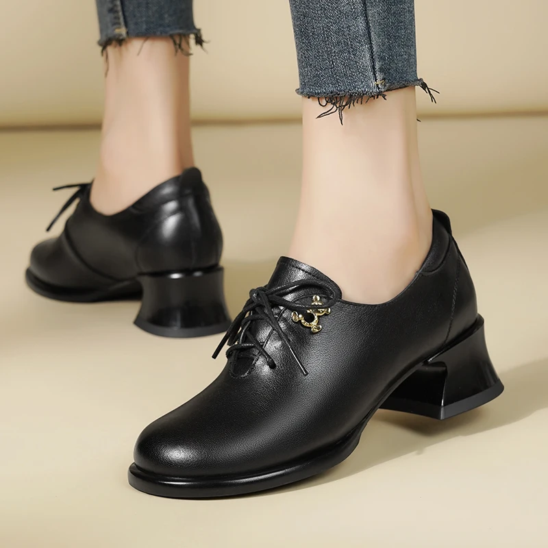 AIYUQI Women Dress Shoes Genuine Leather Fall New Round Head Ladies Office Shoes British Lace Up Women Loafers