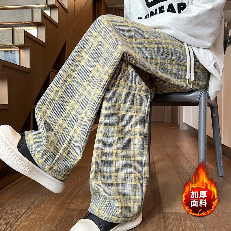 Mens Plaid Pants Baggy Winter Trendy Fleece Loose Straight Wide Leg Mopping Trousers Unisex Thick Velvet Warm Long Pants 241214