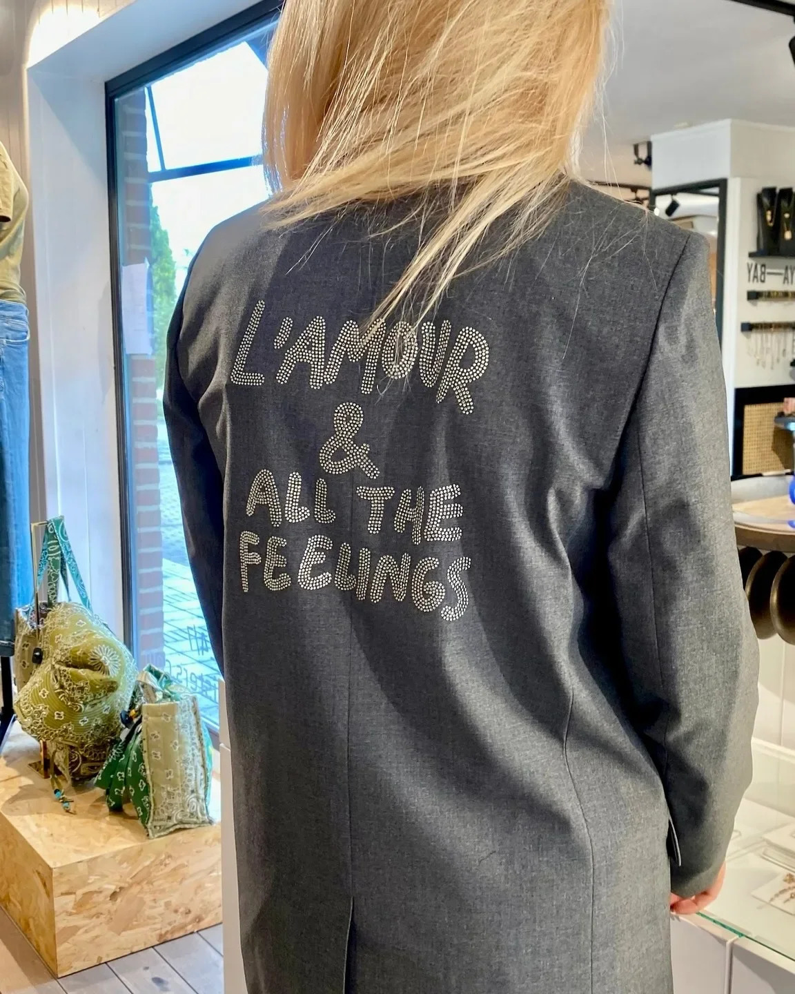 embellished Rhinestone Blazer women grey button fastening pockets long sleeve autumn winter jacket 241209