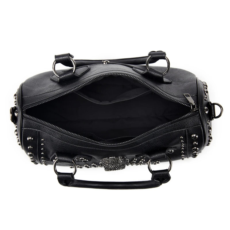 Annmouler Womens Bag Trend Large Capacity Boston Bag Black Skull Handbag Pu Leather Handbag Rivet Ten Font Wallet 241212