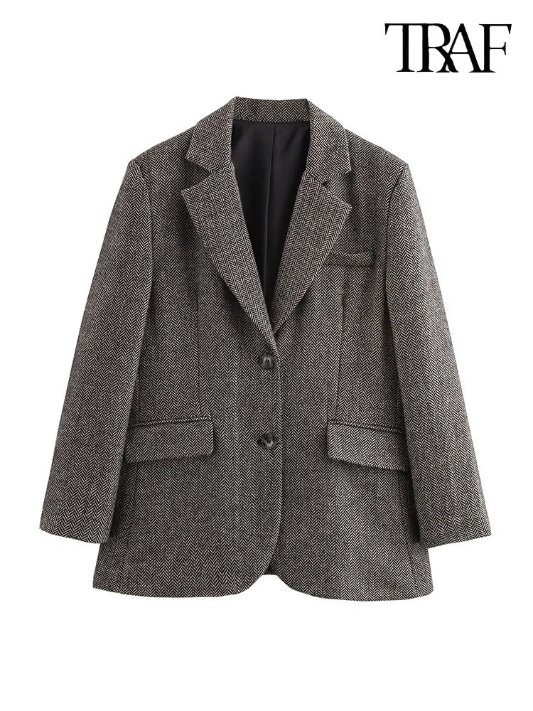 TRAF Womens Herringbone tweed blazer Europe and the United States wind grey fashion loose jacket Elegant womens clothing 241209