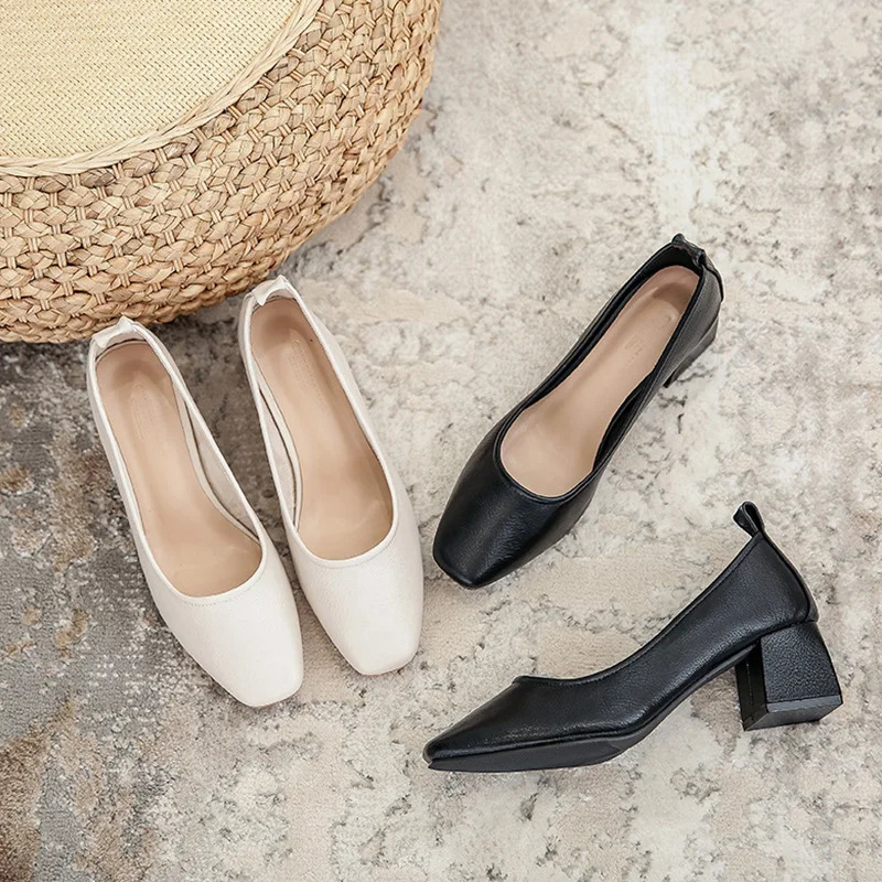 Womens Spring Elegant Square Toes Shallow Casual Walking Mary Jens Female Black er 4CM High Heels Fetish Girls Work Shoes 241213