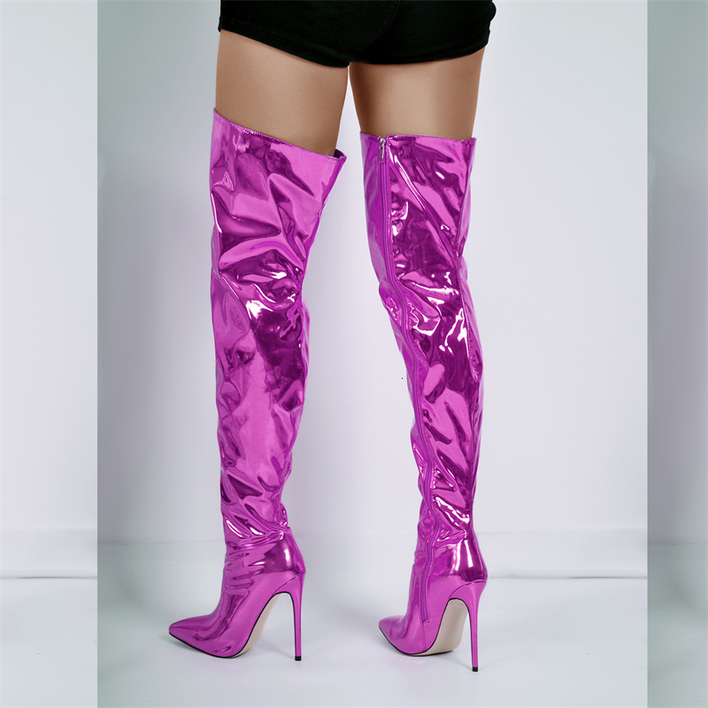 Onlymaker Women Pointed Toe Stiletto Over The Knee Sier Metallic Zipper Fashion Handmade Big Size Ladies Boots