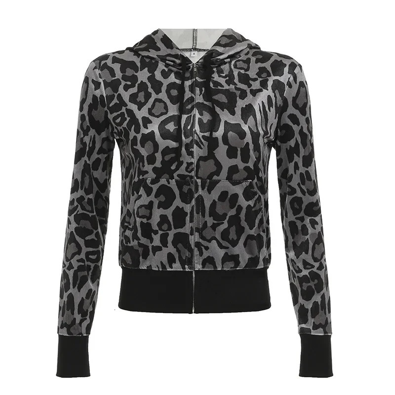 Y2K Leopard Print Velvet Hoodie Grunge Loose Zipper Hoodie Comparison Stickers Work Cardigan Retro Warm Coat 241214