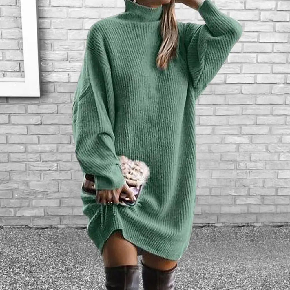 Winter Dress Turtle Neck Bat Wing Long Sleeve Ribbed Warm Sweater for Women Autumn Knitted Midi 241212