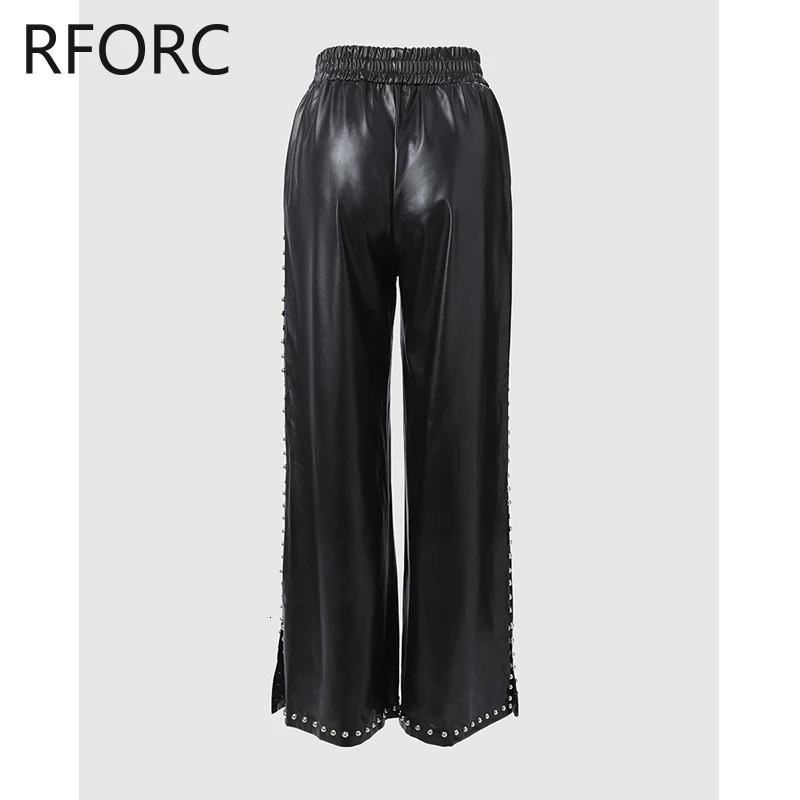 Womens fashionable Pu leather elastic waist rivet side decoration small silk straight leg pants 241212