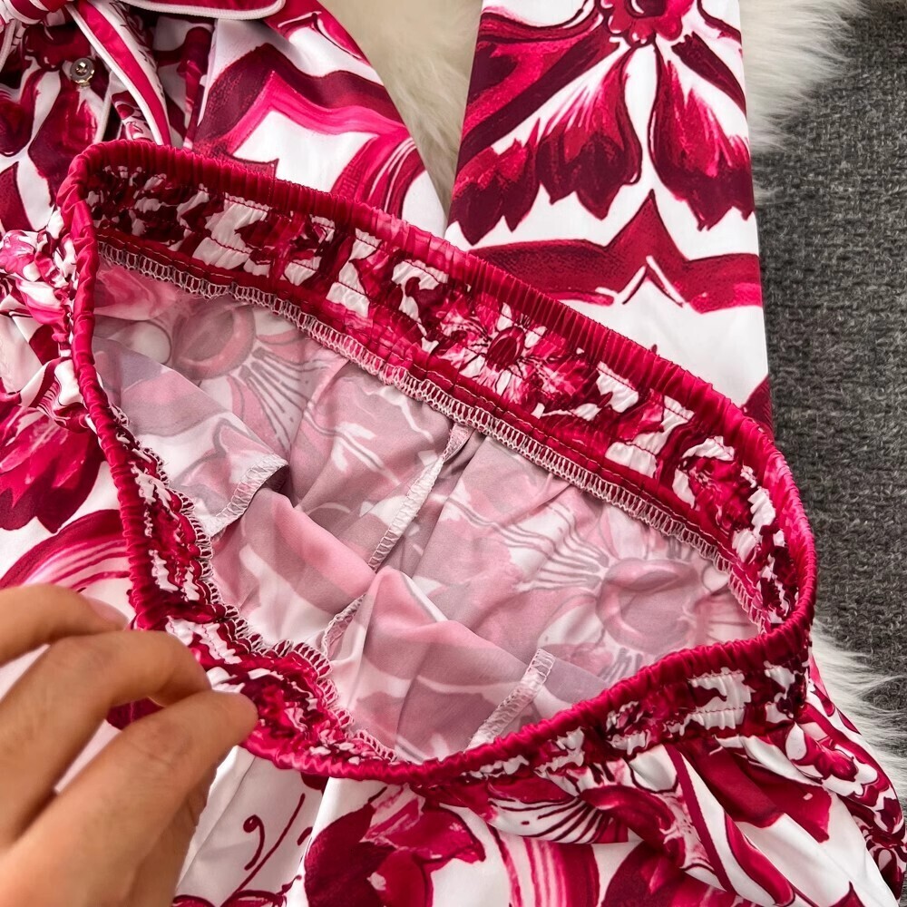 Autumn Red White Porcelain Ral Two-Piece Set Women Shirts Long Tops Wide Leg Flare Pants Suits 2Pcs Outfits