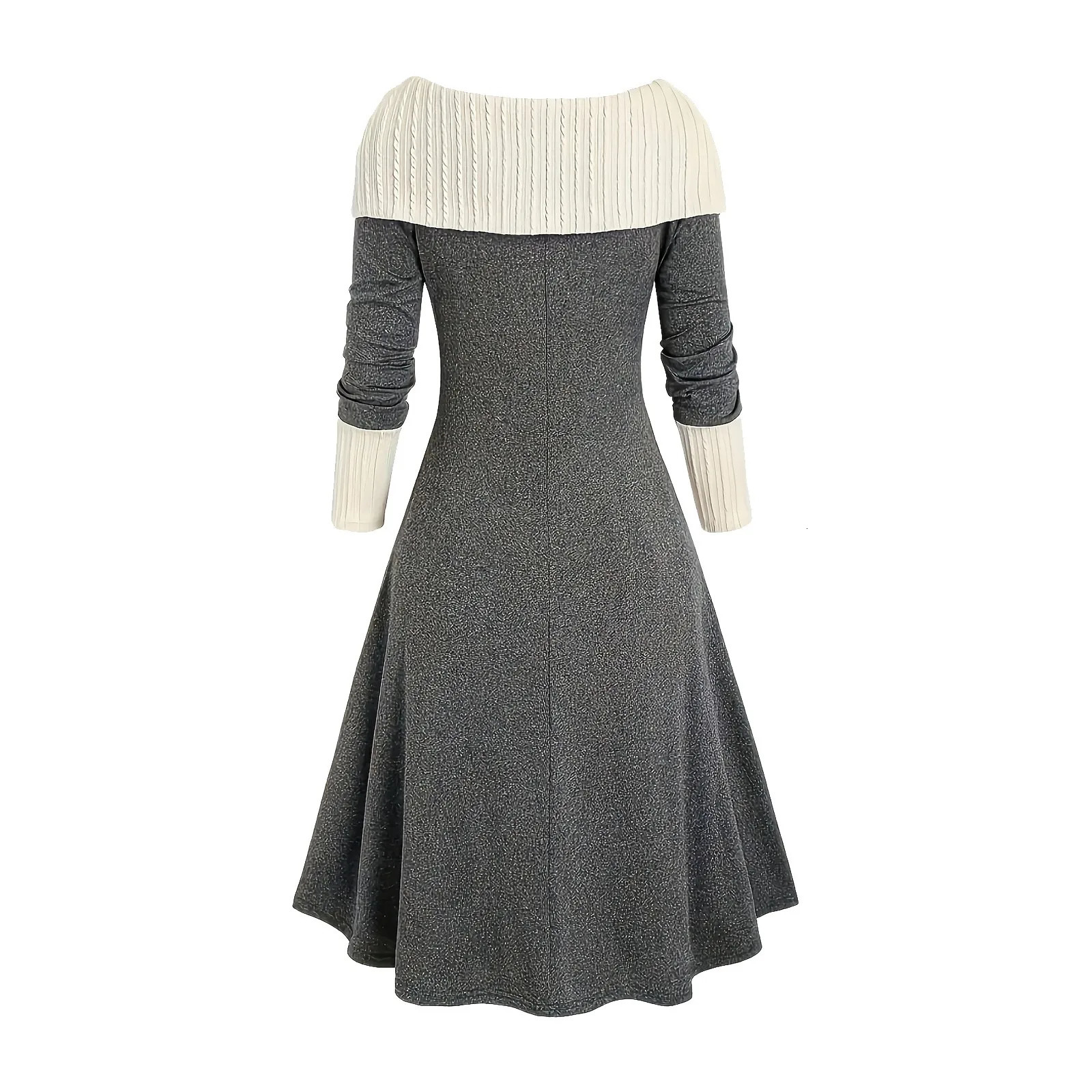 Autumn Longline Patchwork Cable Knitted Panel Full Set Dress Winter Button Cowboy Collar Aline Womens Robe 241212