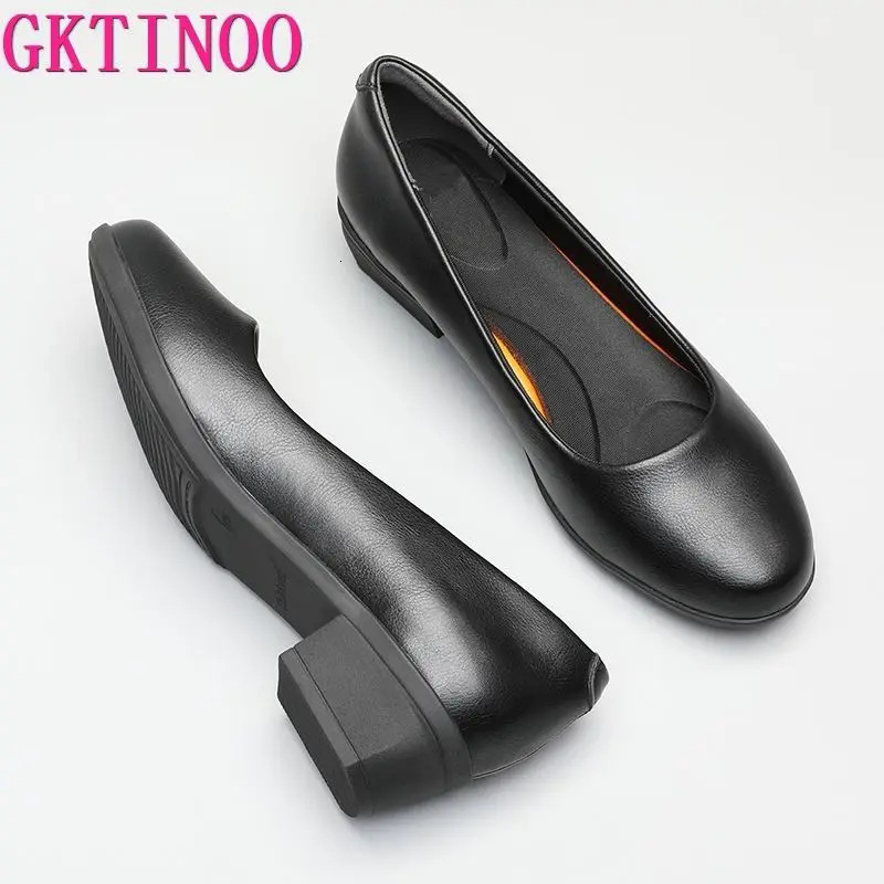 GKTINOO Black Leather Womens Work Shoes Pumps Thick Heels Round Head Shoes Soft Sole Professional Non-slip el Work Shoes 241213