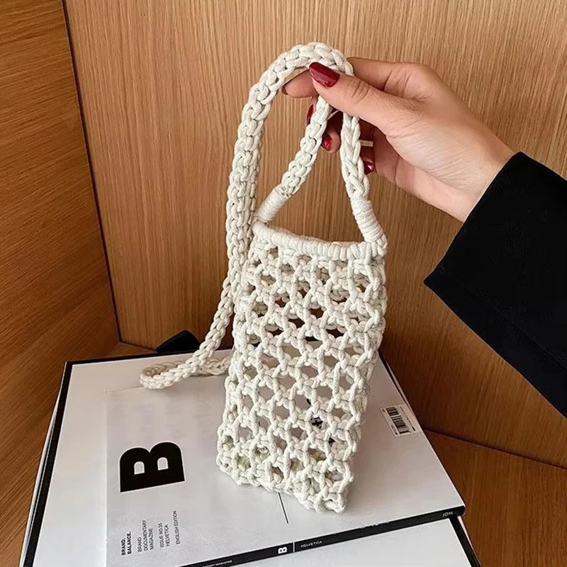 Womens fashionable small cross shaped mobile phone bag solid color hollow womens crochet lightweight woven shoulder bag 241213