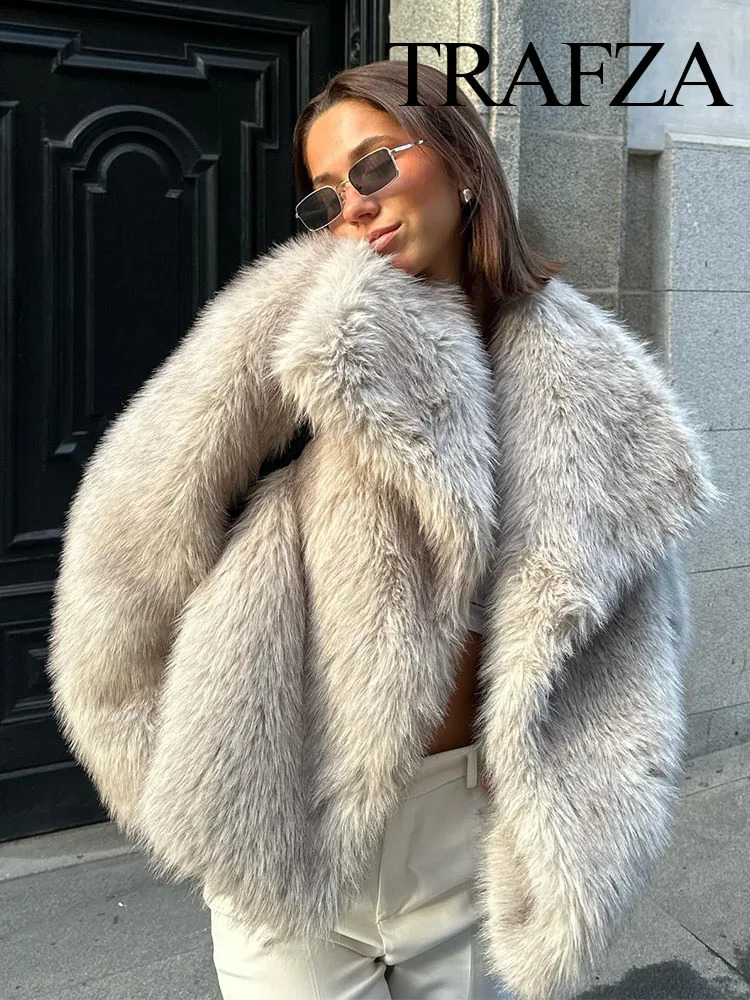 TRAFZA Warm Fluffy Artificial Fur Long Sleeve Coat for Womens Casual Loose Collar Coat Street Coat Winter Jacket Top 241214