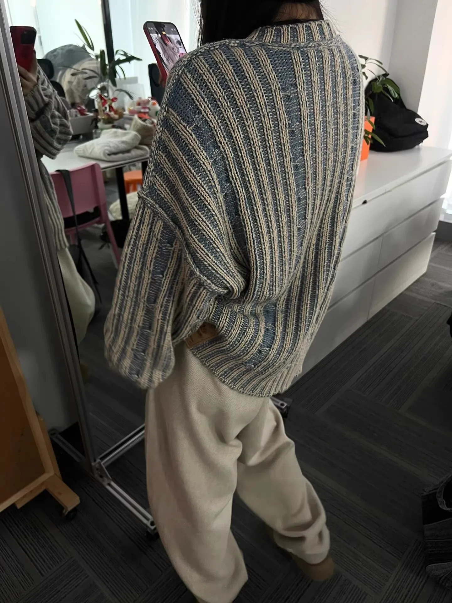Retro striped contrasting color sweater womens spring and summer high street couple niche lazy style knitted cardigan wool 241211