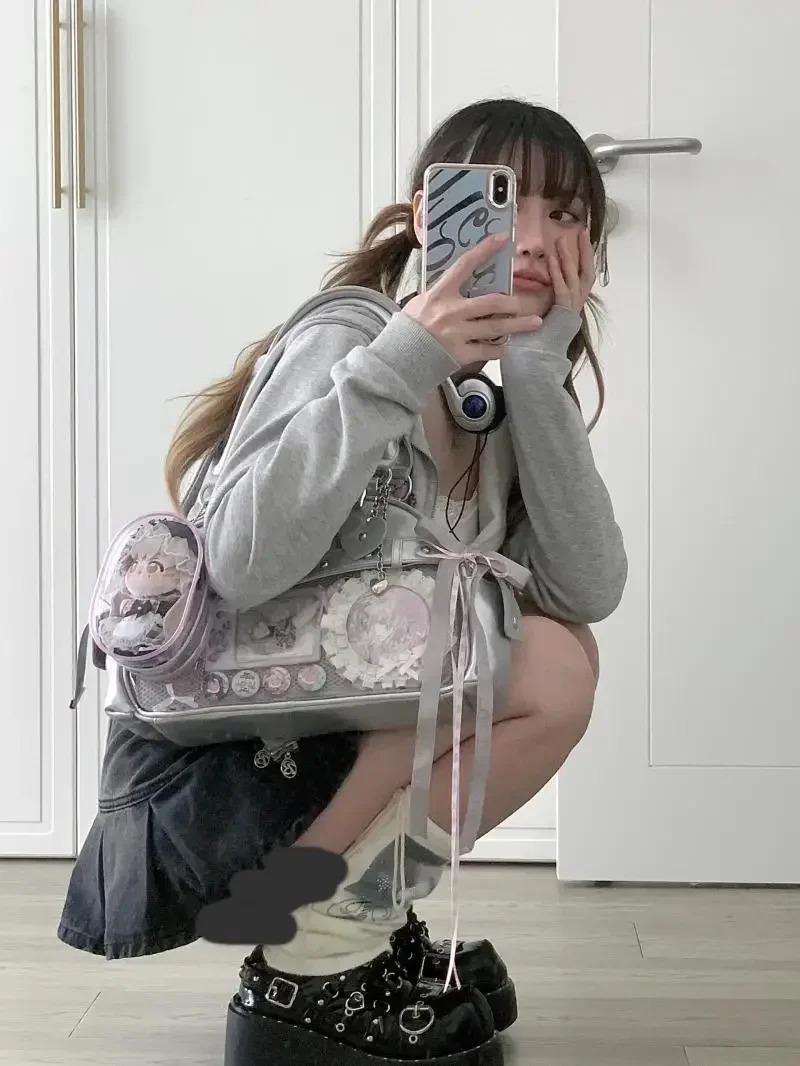 Xiuya Japanese Womens Cute Handbag Lolita Cute Itabag Fashion Silver Sweet Girl Underwear Bicycle Bag Casual Shoulder Bag 241212
