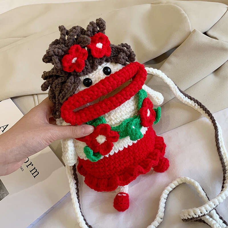 Ins iuencer handmade DIY knitted mobile phone small women's style funny cute sausage mouth soft girl crossbody bag 2024 temperament versatile new