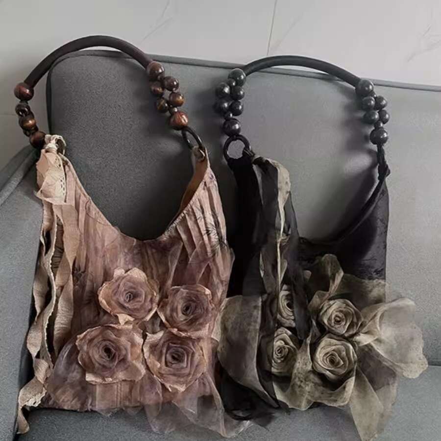 Chinese style grass and wood pad dyed rose flower bag pleated underarm commuting large capacity tote shoulder handbag
