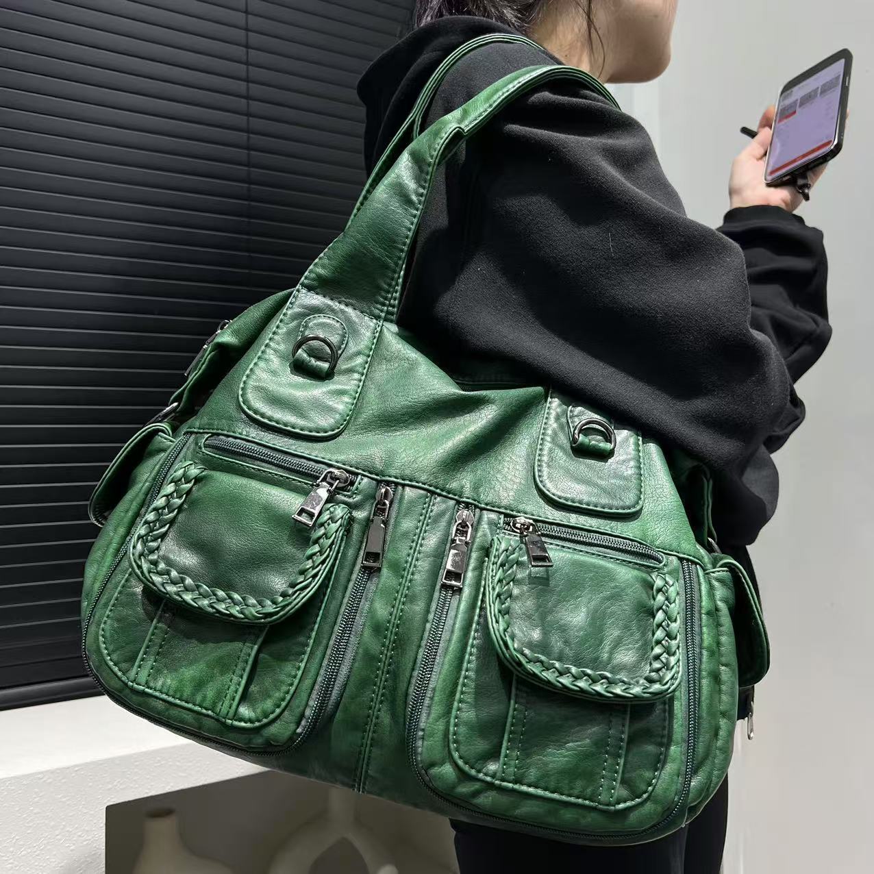 Women's Fashion Y2k Spicy Girl Multi Pocket Washed Tote Large Capacity Outdated Shoulder Bag