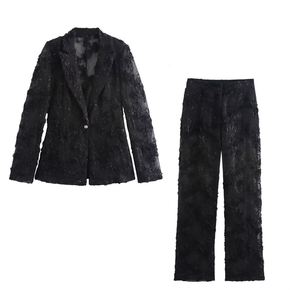 Trautuumn new product women's collar sleeves embroidered bead texture suit jacket high waisted pants