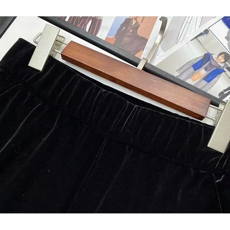 Korean wide leg womens pants high waisted elastic Trousers 2023 bottom retro straight velvet black Pantalon 241212