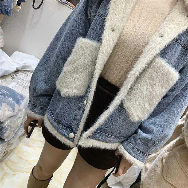 Winter Denim Jacket Womens Cotton Coat Artificial Fur Collar Loose Plus Cashmere Wool Warm Coat Womens Jacket Trend 241210