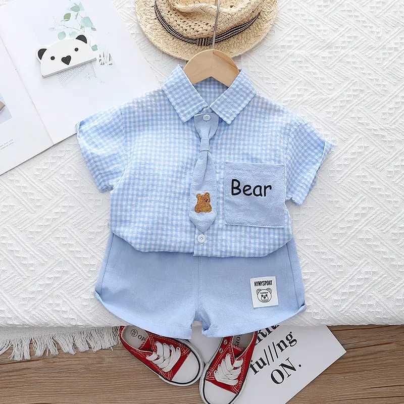 Clothing Sets Summer Casual Baby Boy Toddler Causal ClothesPlaid Shirt Tops Pants 2Pcs/Set With Tie Cotton Kids Outfits Clothing Suit H241214