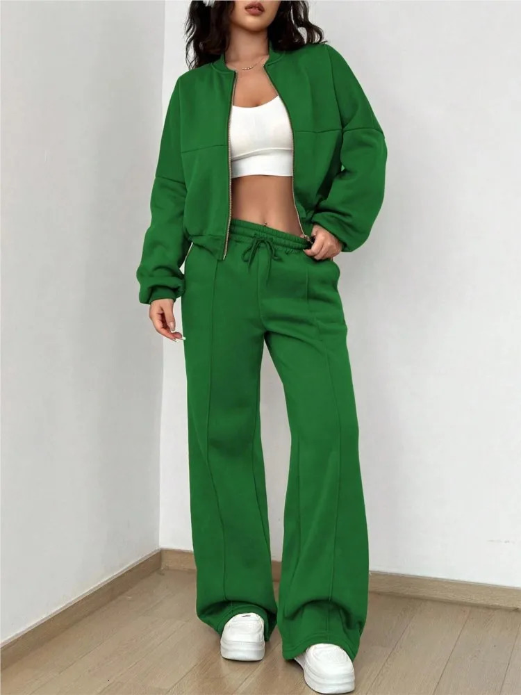 Fashion Long-sleeved Cardigan Zipper Top Wide-leg Pants 2-piece Set Women Autumn Elegant Solid Color Elastic Female Suit Y2K 241214