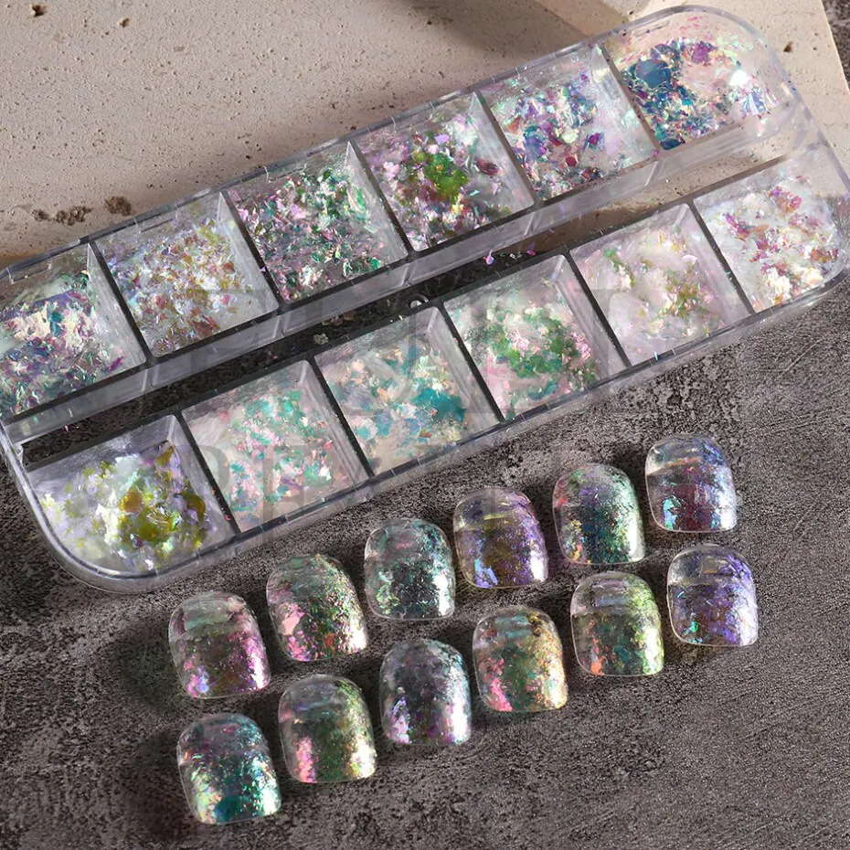 12 grid iris nail aurora glitter crystal flame slice holographic sequin charm gel polish ergonomic 241213