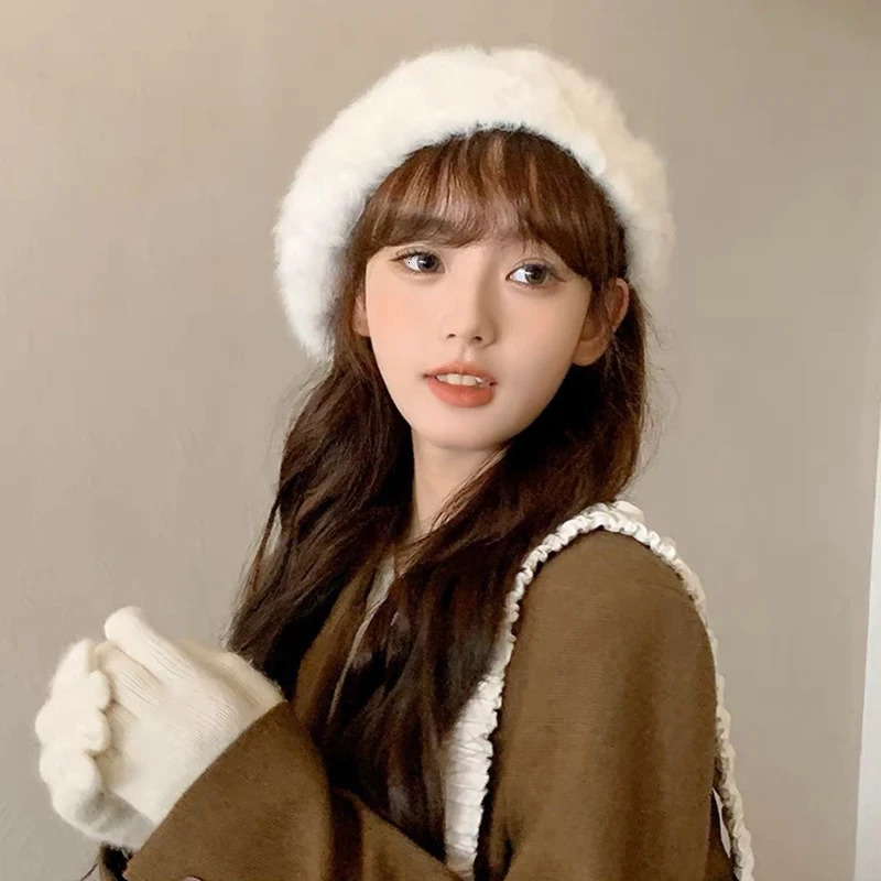 Autumn and Winter Thick Plush Beret Womens White Soft Rabbit Fur Warm Fashion Street Clothing Artist Painted Hat 241210
