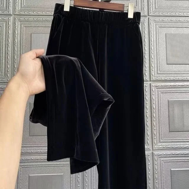 Korean wide leg womens pants high waisted elastic Trousers 2023 bottom retro straight velvet black Pantalon 241212