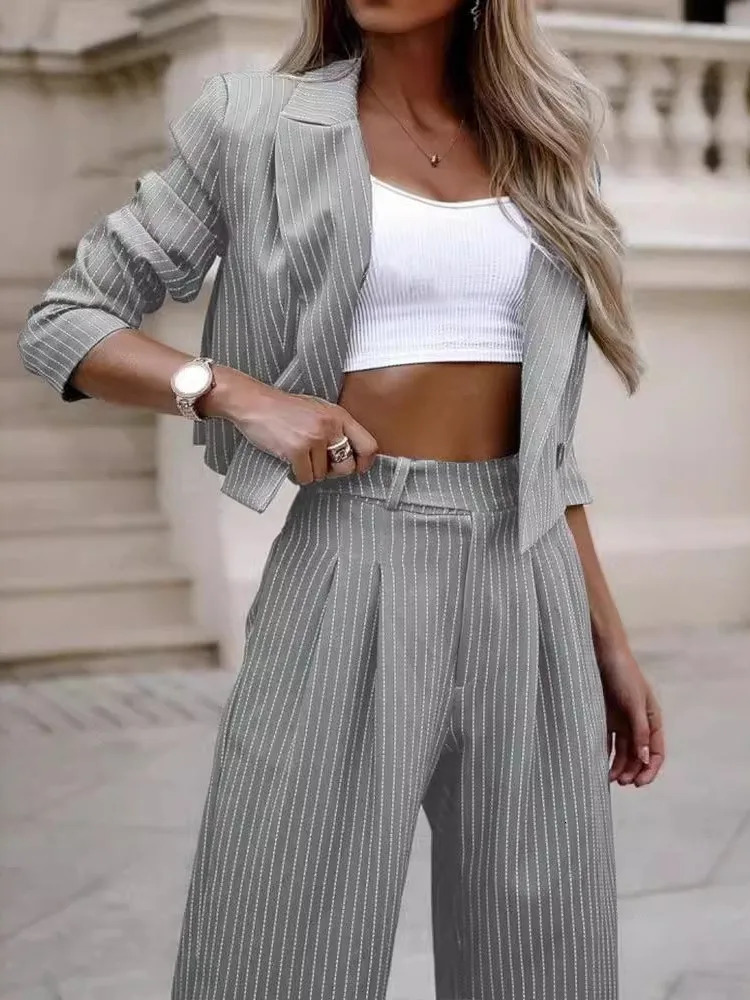 Two piece womens casual suit Srtip short collar jacket set straight leg pants 2piece autumn 241212