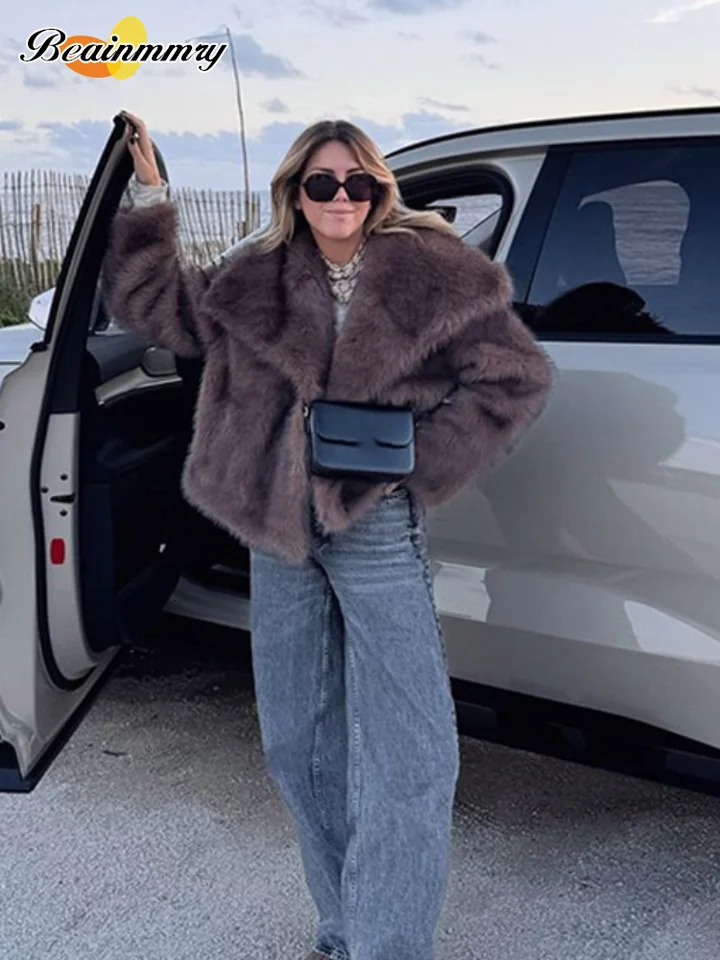 Brown Big Lapel Faux Fur Fury Womens Coats Fluffy Long Sleeved Thick Warm Jackets Winter Lady Casual Street Outwear 241211