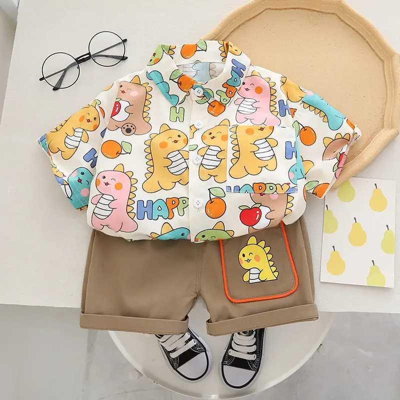 Clothing Sets Children Clothes Spring Cartoon Baby Boy Short Sleeve Full Printe Dinosaur Shirts Pants 2Pcs/set Kid Fashion Toddler Tracksuits H241214