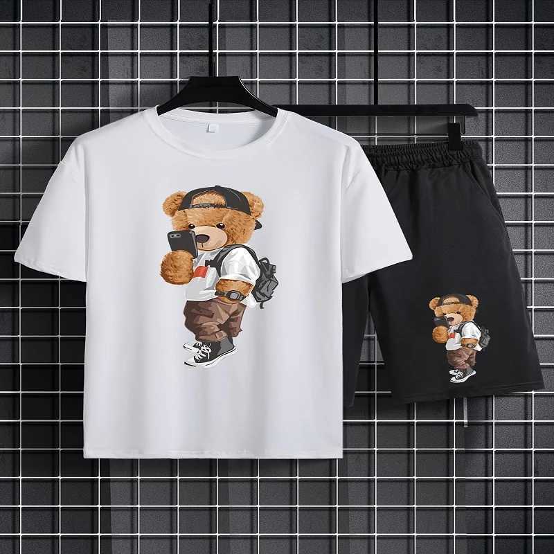 Clothing Sets Summer Baby Girl Clothes Kid Boy Printed Hat Bear T-Shirts Pants Suit Children Short Sleeve Top and Bottom 2 Pieces Set H241214