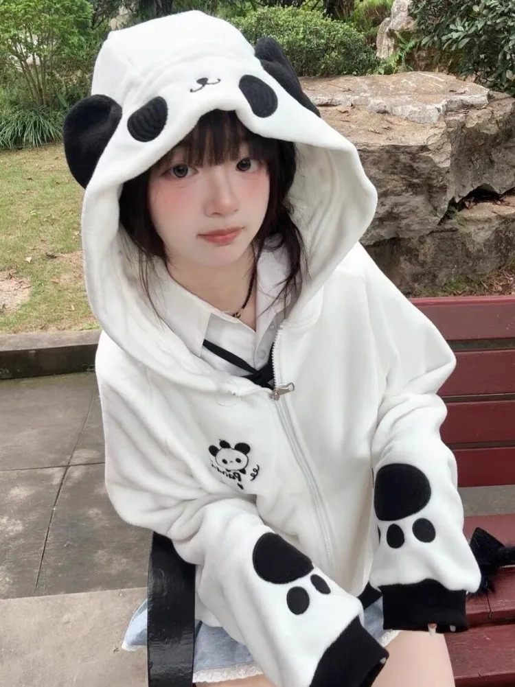 Y2k Cartoon Panda Embroidered Polar Wool Jacket Womens Hoodie Casual Loose Zipper Sportswear Aesthetics Japanese Folded Top 241209
