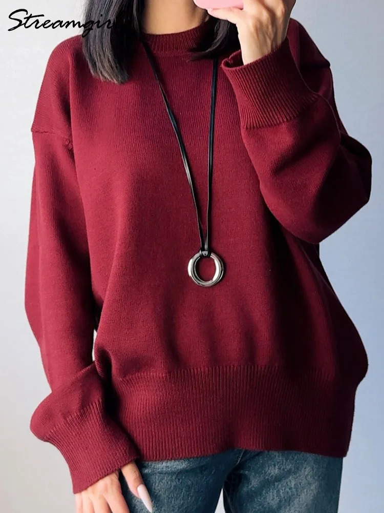Basic Winter Burgundy Oversized Sweater Womens Oneck Warm Pull Loose Knitted Clothing 2024 241211
