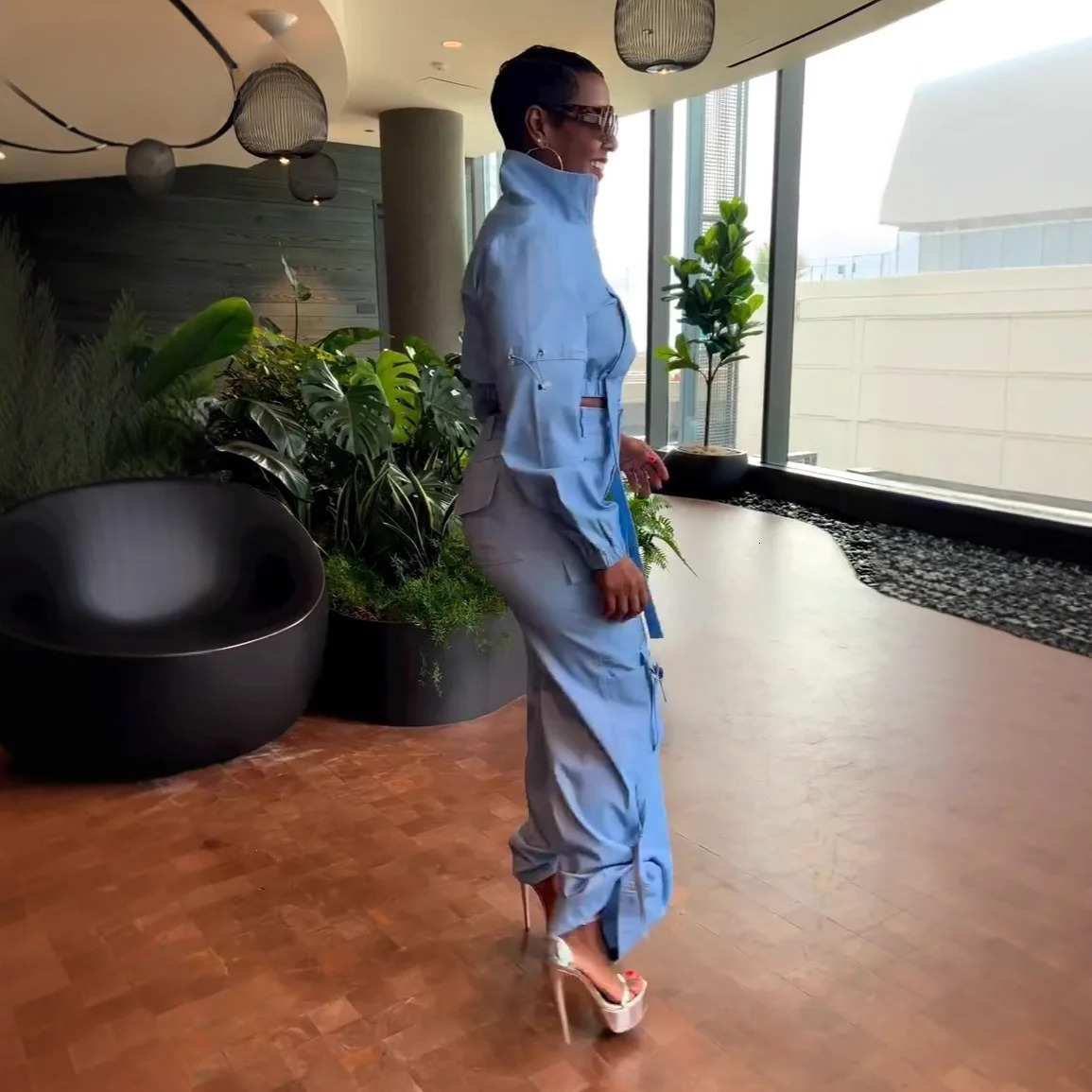 Fashion Women's Long Sleeve Zipper Fly Track And Tie Up Hem Pocket Side Cargo Pants Suit Two 2 Piece Set Outfit
