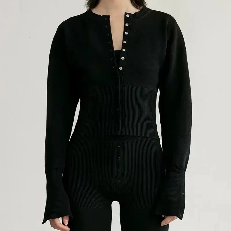 Ribbed Knit Cardigan Tshirt Long Sleeve Women Slim Fit Oneck Crop Top Button Korean Chic Clothing Sweater Streetwear 241214