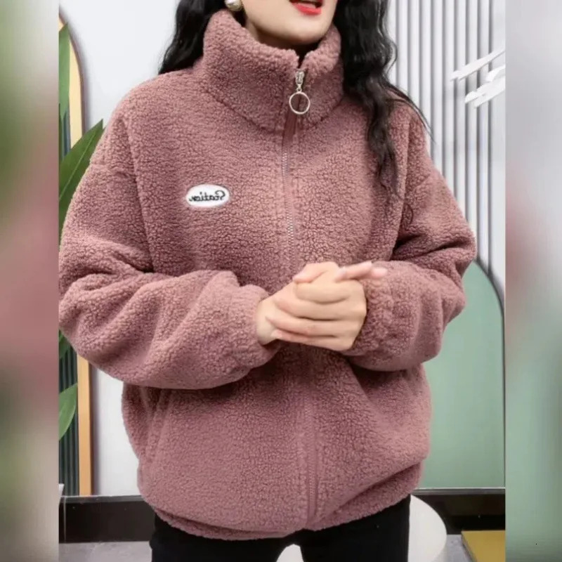 Women Polar Fleece Coats Solid Color Autumn Winter Thicken Warm Jackets Casual Streetwear Ladies Zipper Stand Collar Outerwear 241210