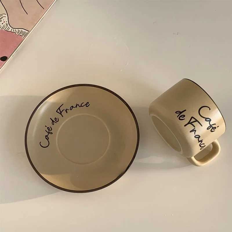 French letter ceramic cup with plate coffee afternoon tea milk retro beige Korean cup and cutlery set Y241214