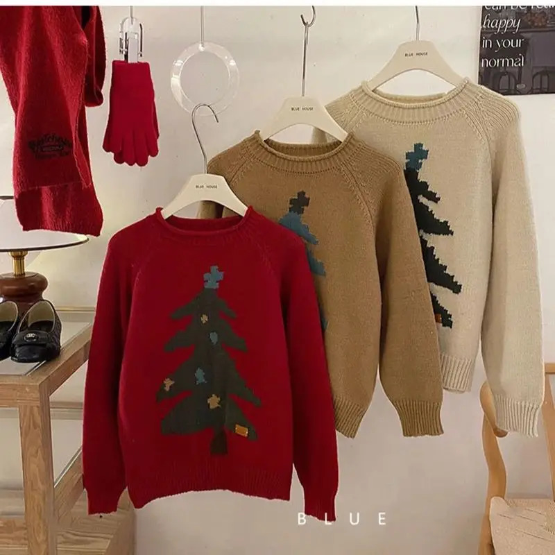 Red Christmas Sweater Womens Oneck Jacquard Tree Pulling Flower Autumn Casual Edition Knitted Long Top 241211