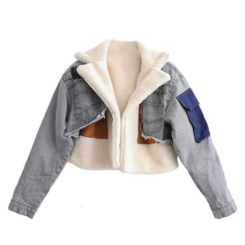 Womens paddle jacket denim spliced jacket winter cashmere lining thickened short bike jacket cotton jacket 241210