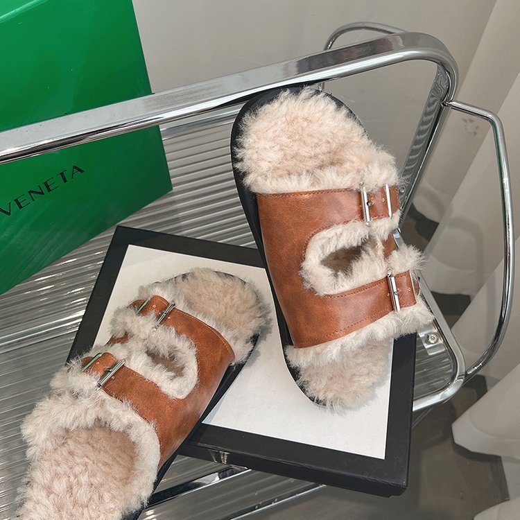 2025 Free Shipping Warm Thicken Wool Slippers Women Winter Fur Flat Shoes Woman Thick Slides white Classics Sandals